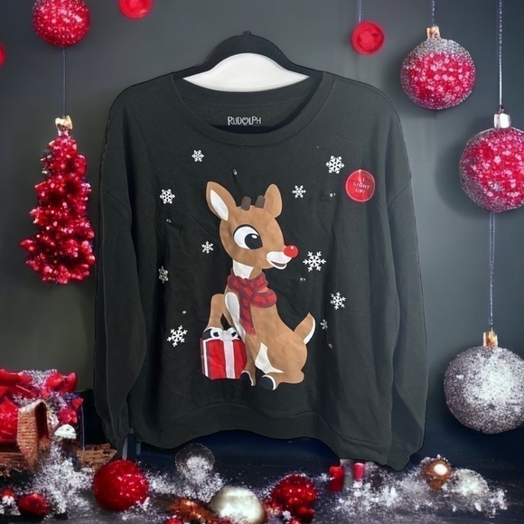 Rudolph Light Up Sweatshirt NWT XXL Red Nosed Reindeer Black Red Women’s - Picture 1 of 6